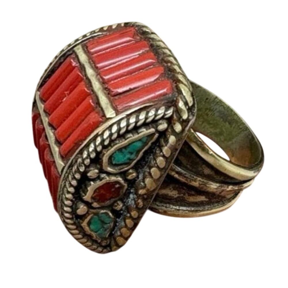 Tibetan 925 Sterling Silver Ring Mid Century Turquoise Coral Size 9.25